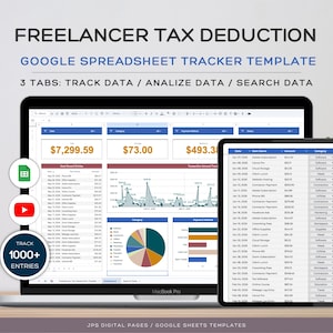 Puede incluir: Un portátil y una tableta muestran una plantilla de Google Sheets para las deducciones fiscales de los autónomos. La pantalla muestra el seguimiento de datos, el análisis y las funciones de búsqueda. La plantilla incluye más de 1000 entradas.