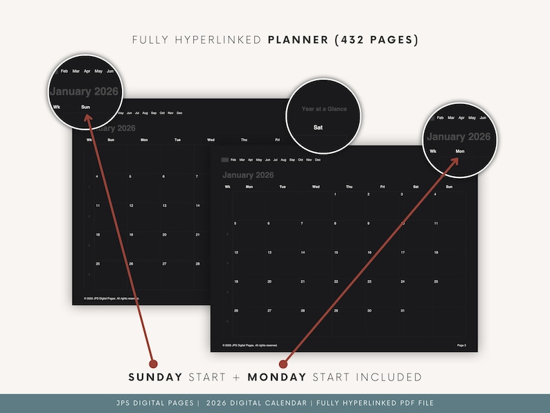 2026 Minimalist Digital Planner Dark Mode: Hyperlinked PDF Calendar ...