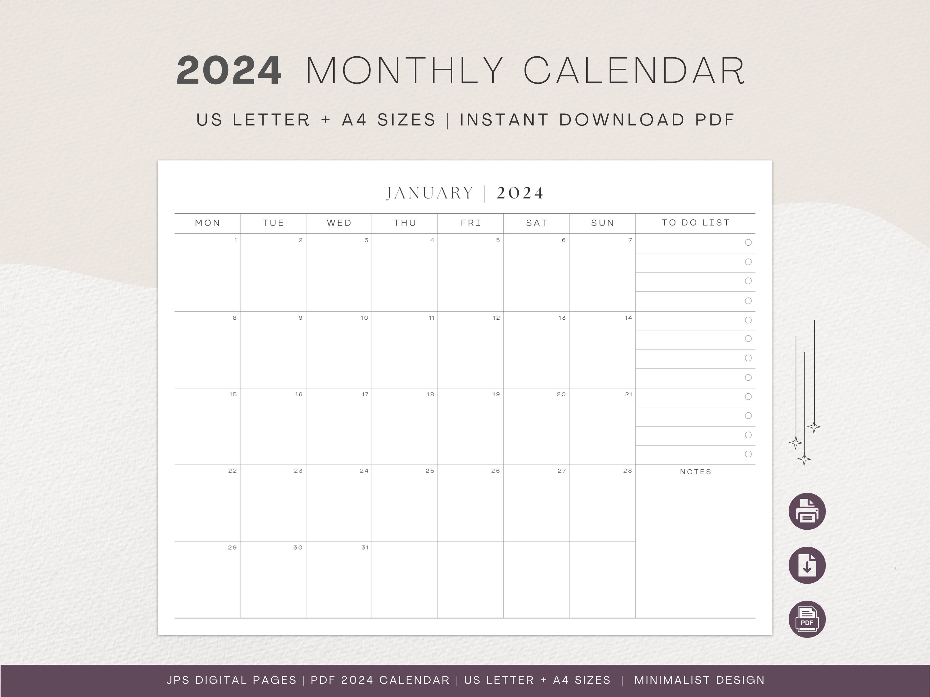 2024 Calendar Monthly Printable Landscape PDF 2024 Monthly Calendar Sunday  & Monday Start A4 and US Letter Size PDF Calendars_v2 - Etsy