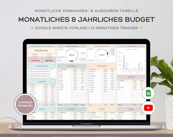 May include: A Google Sheets template for a 12-month budget tracker. The template includes sections for monthly income and expenses, as well as a yearly overview. The template is designed to help users track their finances and make informed financial decisions.