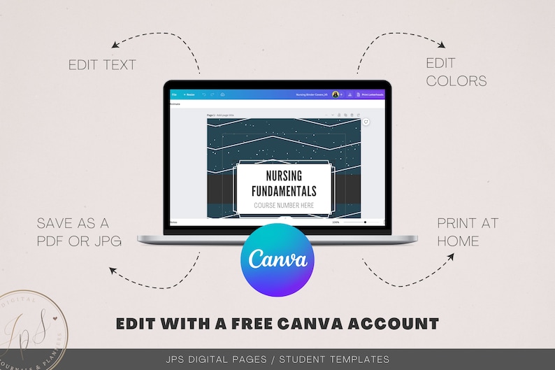 May include: A laptop screen displaying a Canva design template for a nursing fundamentals course. The template features a dark blue background with white stars and a white rectangle with the text "Nursing Fundamentals" and "Course Number Here". The text "Edit with a free Canva account" is displayed below the laptop.