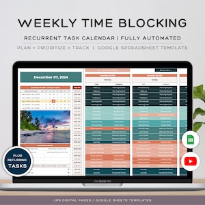 May include: A laptop computer displaying a Google Sheets template for weekly time blocking. The template includes a calendar for December 07, 2024, and a list of tasks categorised by morning, afternoon, and evening routines. The template is designed to help users plan, prioritise, and track their tasks.