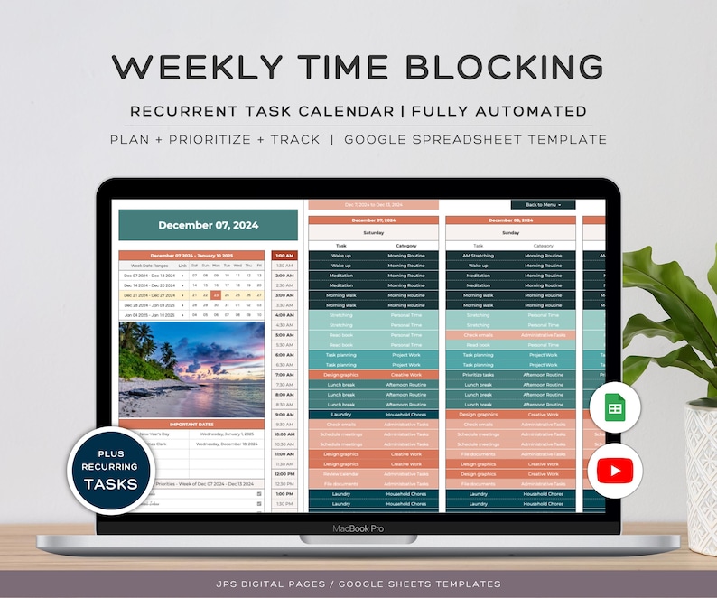 May include: A laptop computer displaying a Google Sheets template for weekly time blocking. The template includes a calendar for December 07, 2024, and a list of tasks categorised by morning, afternoon, and evening routines. The template is designed to help users plan, prioritise, and track their tasks.