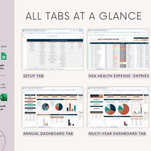 May include: A digital spreadsheet with four tabs: Setup, HSA Health Expense Entries, Annual Dashboard, and Multi-Year Dashboard. The image includes the text "ALL TABS AT A GLANCE" and indicates compatibility with Google Sheets, but not Microsoft Excel.