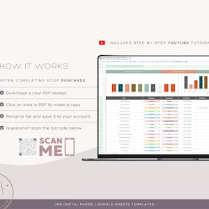 Puede incluir: Una descarga digital para una plantilla de Google Sheets con un gr&aacute;fico colorido y una lista de tareas. El texto "HOW IT WORKS" est&aacute; en la parte superior de la imagen. El texto "AFTER COMPLETING YOUR PURCHASE" est&aacute; debajo del encabezado. Debajo del texto se muestra una lista de verificaci&oacute;n con cuatro pasos. Los pasos son: Descarga tu recibo PDF, Haz clic en los enlaces del PDF para hacer una copia, Renombra el archivo y gu&aacute;rdalo en tu cuenta, &iquest;Preguntas? escanea el c&oacute;digo de barras a continuaci&oacute;n. Debajo de la lista de verificaci&oacute;n se muestra un c&oacute;digo QR. El texto "SCAN ME" est&aacute; debajo del c&oacute;digo QR. El texto "INCLUDES STEP-BY-STEP YOUTUBE TUTORIAL" est&aacute; en la parte superior derecha de la imagen. En el medio de la imagen se muestra una pantalla de computadora port&aacute;til. La pantalla de la computadora port&aacute;til muestra una hoja de c&aacute;lculo de Google con un gr&aacute;fico colorido y una lista de tareas. El texto "JPS DIGITAL PAGES/ GOOGLE SHEETS TEMPLATES" est&aacute; en la parte inferior de la imagen.