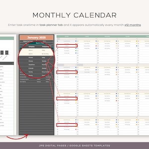 Puede incluir: Una plantilla de calendario mensual para Google Sheets. La plantilla incluye una pesta&ntilde;a de planificador de tareas y una vista de calendario para cada mes del a&ntilde;o. El calendario est&aacute; dise&ntilde;ado para ayudar a los usuarios a realizar un seguimiento de sus tareas y programar citas.
