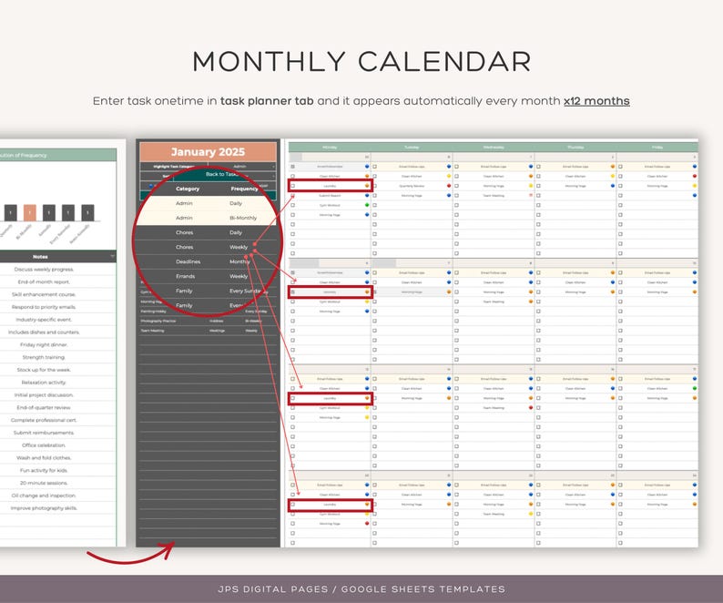 Puede incluir: Una plantilla de calendario mensual para Google Sheets. La plantilla incluye una pesta&ntilde;a de planificador de tareas y una vista de calendario para cada mes del a&ntilde;o. El calendario est&aacute; dise&ntilde;ado para ayudar a los usuarios a realizar un seguimiento de sus tareas y programar citas.