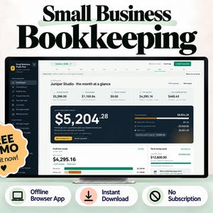 May include: A computer monitor displays a Small Business Bookkeeping dashboard titled Juniper Studio. The screen shows financial data, profit plans, and a Free Demo badge. Below the monitor are three icons labeled Offline Browser App, Instant Download, and No Subscription.
