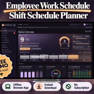 May include: A digital employee work schedule shift schedule planner displayed on a computer monitor. The interface features dark mode analytics, staffing charts, and shift tracking tools. A yellow badge reads FREE DEMO Try it now!
