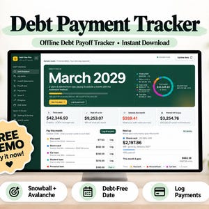 Peut inclure: Un outil de suivi de remboursement de dettes numérique affiché sur un écran d'ordinateur. L'interface présente le texte Debt Payment Tracker, March 2029, ainsi que diverses données financières comme le total dû et les intérêts en vert et blanc.
