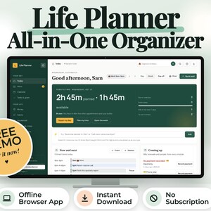 May include: A computer monitor displaying a Life Planner All-in-One Organizer software interface with a dark green sidebar and white dashboard. A circular yellow badge reads FREE DEMO Try it now! Three white buttons below show icons for offline app, download, and no subscription.
