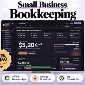 May include: A computer monitor displaying a Small Business Bookkeeping dashboard with financial data, profit plans, and tax information. A yellow star-shaped badge reads FREE DEMO Try it now! Three white icons below indicate Offline Browser App, Instant Download, and No Subscription.