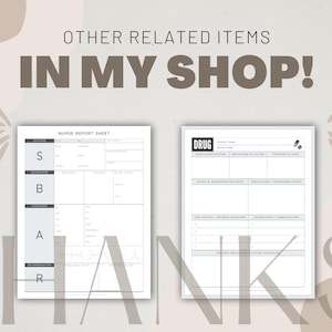 May include: Two printable nursing report sheets. The first sheet is a SBAR report sheet. The second sheet is a drug report sheet. Both sheets are black and white with gray text.