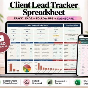 Puede incluir: Una hoja de cálculo digital de seguimiento de clientes potenciales mostrada en una pantalla de portátil y smartphone. La interfaz presenta un panel de control con gráficos, tablas y métricas. Un distintivo circular dice Video Walkthrough.