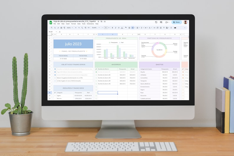 May include: A computer screen displaying a spreadsheet with a budget planner for the month of July 2023. The spreadsheet includes sections for income, expenses, savings, and financial goals. The spreadsheet also includes charts and graphs to visualize the data.