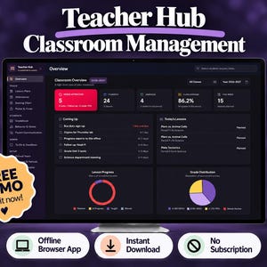 May include: A computer monitor displays the Teacher Hub Classroom Management software interface with a dark theme. The dashboard shows classroom overview metrics, lesson progress charts, and grade distribution data. A yellow badge reads FREE DEMO Try it now!