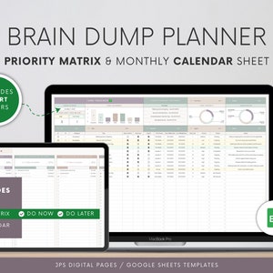 Op de afbeelding: Een digitale planner-sjabloon voor Google Sheets, weergegeven op een laptopscherm. De sjabloon bevat een brain dump-sectie, een prioriteitsmatrix en een maandelijkse kalender. De sjabloon is ontworpen om gebruikers te helpen hun gedachten te ordenen, taken te prioriteren en hun voortgang bij te houden.