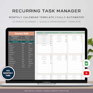 Op de afbeelding: Een laptopcomputer die een Google Sheets-spreadsheettemplate voor een terugkerende taakmanager weergeeft. De spreadsheet heeft de titel "Januari 2025" en bevat een kalenderweergave met 12 maandelijkse tabbladen. De template is volledig geautomatiseerd en bevat een 12-maandenplanner.