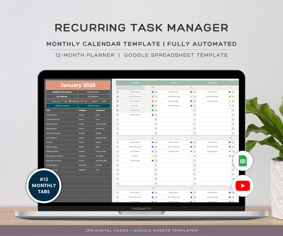 Recurring Task Manager: Google Sheets Monthly Calendar (Digital)