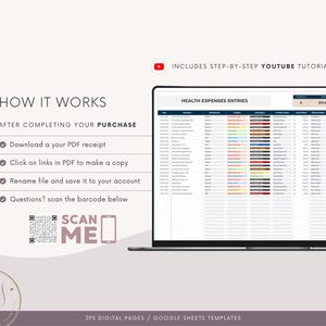 May include: A laptop screen displays a spreadsheet titled "Health Expenses Entries." The image includes instructions: "Download your PDF receipt," "Click on links in PDF to make a copy," and "Rename file and save it to your account." A QR code and the words "SCAN ME" are also visible.