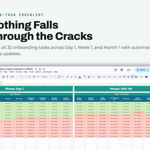 May include: A digital spreadsheet titled Orientation_Tracker_General_v1_DEMO featuring a 32-task checklist. The interface displays columns for Day 1 and Week 1 HR phases with color-coded status cells in green, orange, and red, labeled Complete, In Progress, and Not Started.