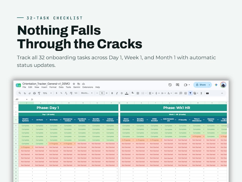 May include: A digital spreadsheet titled Orientation_Tracker_General_v1_DEMO featuring a 32-task checklist. The interface displays columns for Day 1 and Week 1 HR phases with color-coded status cells in green, orange, and red, labeled Complete, In Progress, and Not Started.