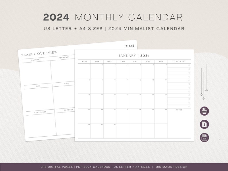 2024 Calendar Monthly Printable Landscape PDF 2024 Monthly Calendar