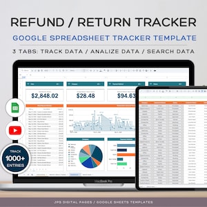 May include: A digital refund and return tracker Google Spreadsheet template displayed on a laptop and tablet screen. The interface features data tables, a line graph, a pie chart, and a bar chart. Text includes REFUND / RETURN TRACKER.