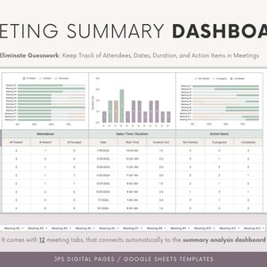 Douze 12 notes de réunion hebdomadaires Modèle Google Sheets Ordre du jour de la réunion, procès-verbal et liste d'action Tableau de bord de réunion Feuille de calcul Google image 6