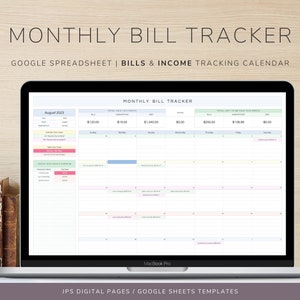 May include: A laptop computer displaying a Google Sheets template for a monthly bill tracker. The template is colour-coded and includes sections for bills, income, and total amounts. The text "MONTHLY BILL TRACKER" is displayed at the top of the template.