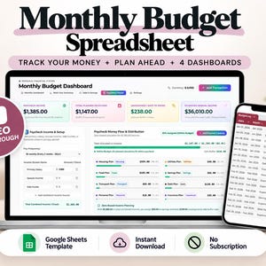 May include: A digital monthly budget spreadsheet displayed on a laptop screen and a smartphone. The interface features a Monthly Budget Dashboard with financial data, income, and expense tracking. Includes a video walkthrough button.