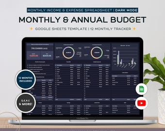 Dark Mode Excel and Google Sheets Budget Planner, Beginners Monthly ...