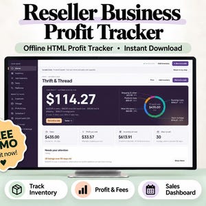May include: A computer monitor displaying a Reseller Business Profit Tracker dashboard with financial data, charts, and navigation menus. A yellow starburst badge reads FREE DEMO Try it now! Three icons below show Track Inventory, Profit & Fees, and Sales Dashboard.
