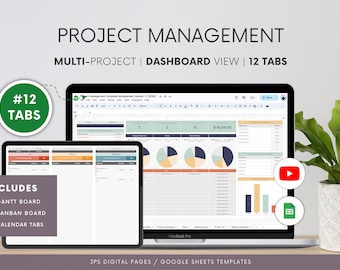 May include: A laptop computer screen displaying a Google Sheets spreadsheet with a project management template. The spreadsheet has 12 tabs, including Gantt, Kanban, and calendar views. The spreadsheet also includes charts and graphs. The laptop is on a wooden table with a green plant in a white pot.