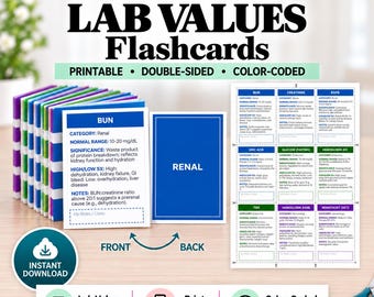Nursing Lab Values Flashcards Printable, Study Cards, NCLEX Review, Nursing Student Cheat Sheet