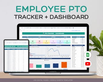 May include: A laptop and tablet displaying an Employee PTO Tracker and Dashboard spreadsheet. The screens show data tables, charts, and graphs for tracking employee time off, including an Employee Setup and PTO Allocations tab.