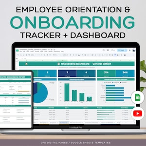 Può includere: Un dashboard digitale per il monitoraggio dell'orientamento e dell'inserimento dei dipendenti visualizzato su uno schermo di laptop e tablet. L'interfaccia presenta grafici, barre di avanzamento e tabelle di dati in blu e verde acqua con titoli.