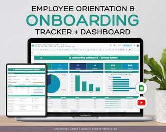 May include: A digital employee orientation and onboarding tracker and dashboard displayed on a laptop and tablet screen. The interface features teal and blue charts, progress bars, and data tables titled Onboarding Dashboard and Employee Onboarding Report.