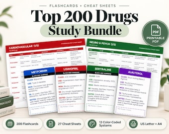 Top 200 Drugs Bundle, Pharmacology Flashcards and Cheat Sheets Printable, Nursing Student Study Guide, NCLEX Pharm Review PDF