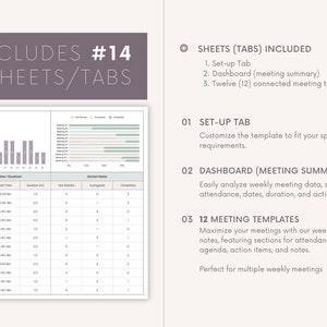 Douze 12 notes de réunion hebdomadaires Modèle Google Sheets Ordre du jour de la réunion, procès-verbal et liste d'action Tableau de bord de réunion Feuille de calcul Google image 2
