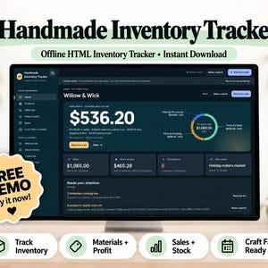May include: A computer monitor displaying a dark-themed Handmade Inventory Tracker dashboard with financial data, sales charts, and inventory alerts. A yellow star-shaped badge reads FREE DEMO Try it now. Four icons below show Track Inventory, Materials + Profit, Sales + Stock, and Craft Fair Ready.