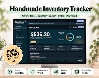 Handmade Business Inventory Tracker, Product Cost Calculator, Materials Tracker, Offline HTML Web App