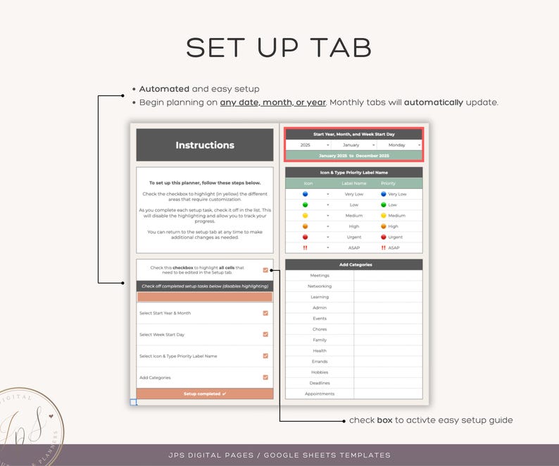 Puede incluir: Una plantilla de Google Sheets para un planificador con una pesta&ntilde;a de configuraci&oacute;n. La pesta&ntilde;a incluye instrucciones para configurar el planificador, incluida la selecci&oacute;n del a&ntilde;o de inicio, el mes y el d&iacute;a de inicio de la semana. Tambi&eacute;n incluye una lista de verificaci&oacute;n para resaltar todas las celdas que deben editarse en la pesta&ntilde;a de configuraci&oacute;n.