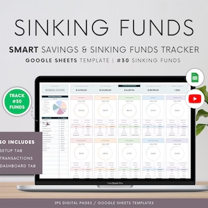 May include: A laptop computer displaying a Google Sheets spreadsheet template for tracking 30 sinking funds. The spreadsheet includes a setup tab, transactions tab, and dashboard tab. The spreadsheet is titled "Sinking Funds" and includes a pie chart and a table of data. The laptop is on a wooden surface.