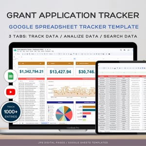 Può includere: Un modello di foglio Google per il monitoraggio delle domande di sovvenzione visualizzato su un computer portatile e un tablet. L'interfaccia presenta tabelle di dati, riepiloghi finanziari, un grafico a linee e un grafico a torta colorato.