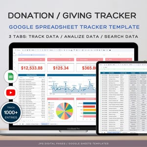 May include: A laptop and tablet display a Google Sheets donation tracker template. The screen shows data analysis with charts and tables. Text includes "Donation / Giving Tracker" and "Track 1000+ Entries".