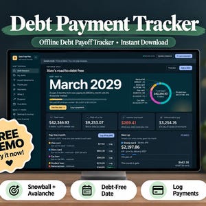 May include: A digital debt payment tracker displayed on a computer monitor, featuring a dark interface with financial data, charts, and the text March 2029. A yellow star-shaped badge displays the text FREE DEMO Try it now with a heart icon.