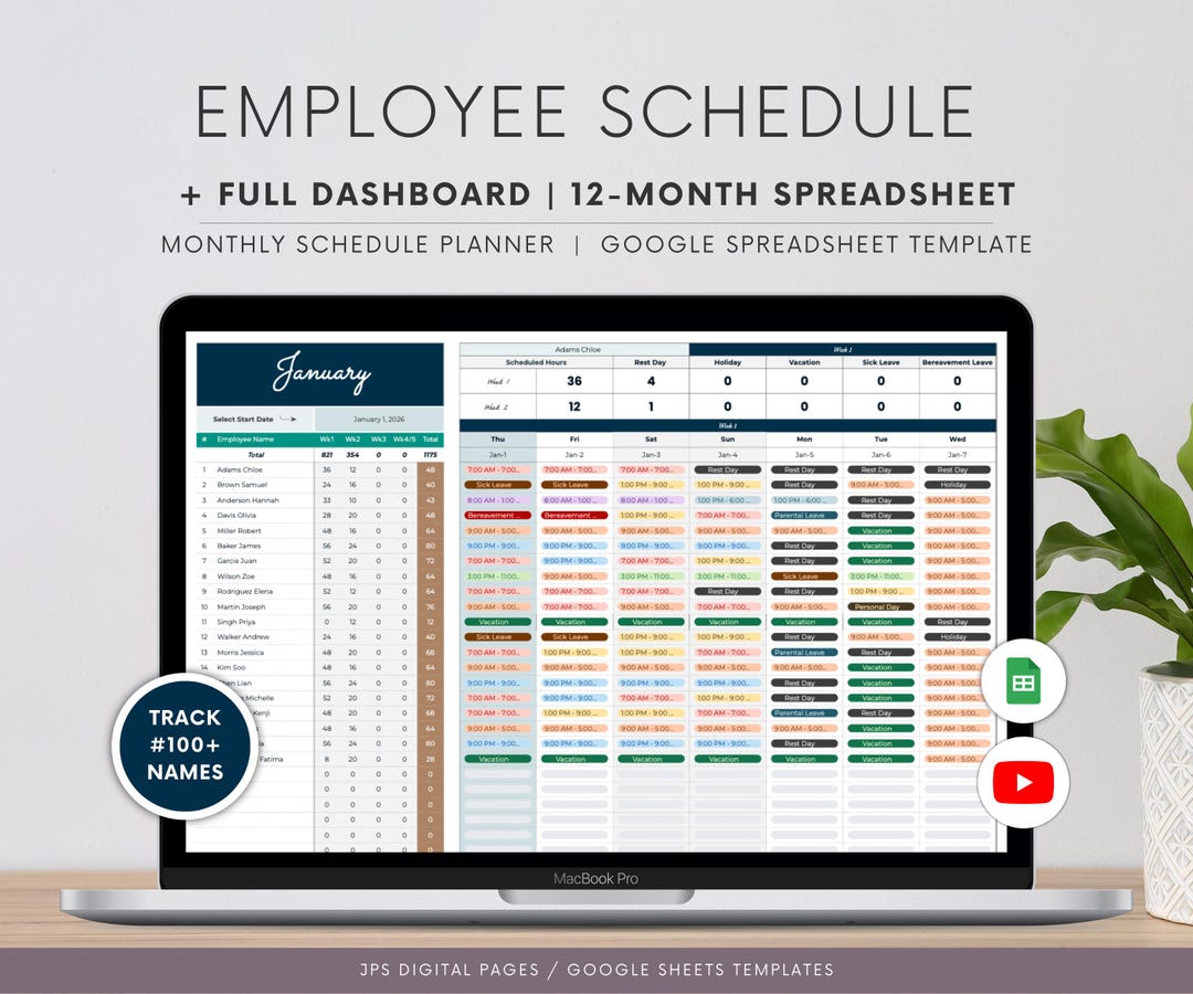 Employee Schedule Template & Dashboard Spreadsheet, Google Sheets