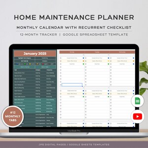 Op de afbeelding: Een digitale plannertemplate voor huishoudelijk onderhoud, met een maandelijkse kalender met een checklist voor terugkerende taken. De template is ontworpen voor gebruik met Google Sheets en bevat 12 maandelijkse tabbladen. De afbeelding toont het tabblad januari 2025, met secties om taken te markeren per categorie, frequentie en prioriteit.