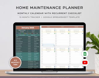 Puede incluir: Una plantilla de planificador digital para el mantenimiento del hogar, que incluye un calendario mensual con una lista de verificación para las tareas recurrentes. La plantilla está diseñada para usar con Google Sheets e incluye 12 pestañas mensuales. La imagen muestra la pestaña de enero de 2025, con secciones para resaltar las tareas por categoría, frecuencia y prioridad.